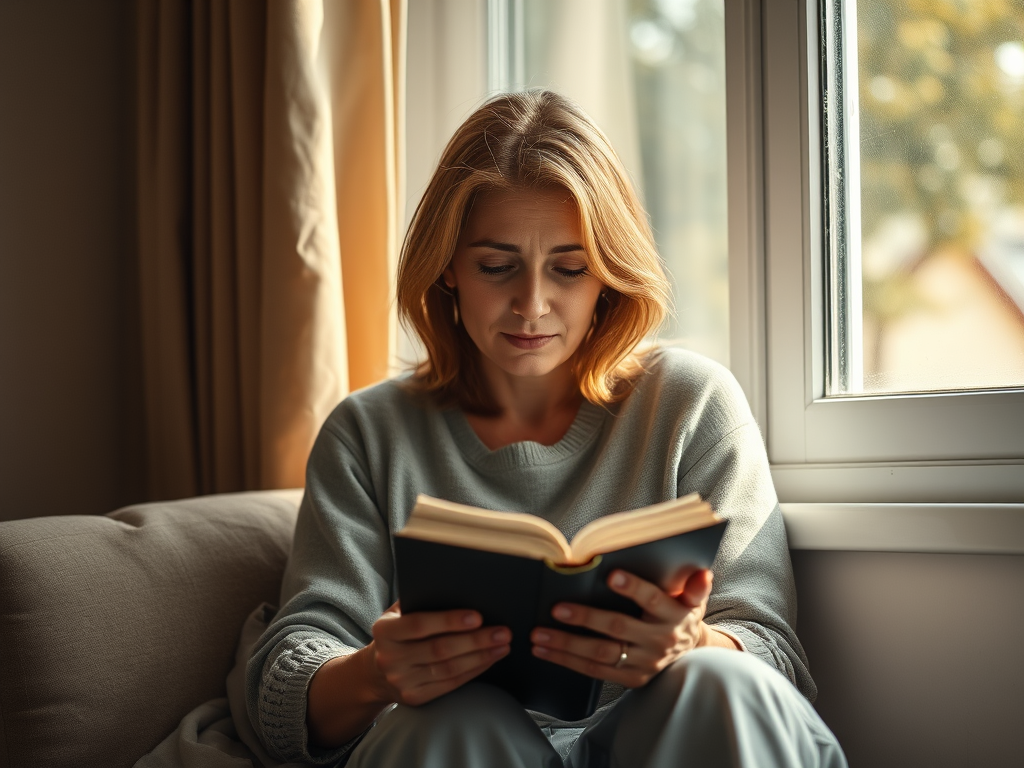 A tired woman sitting quietly by a window with a Bible in her lap, sunlight casting a gentle glow—symbolizing finding strength and endurance through prayer in a moment of weariness.