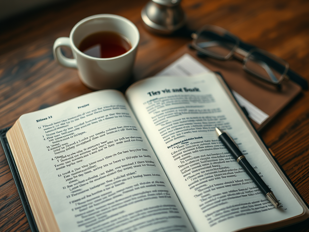 An open Bible with highlighted verses, a journal, and a pen beside a cup of tea on a wooden table—symbolizing quiet moments of prayer, reflection, and drawing strength from Scripture.
